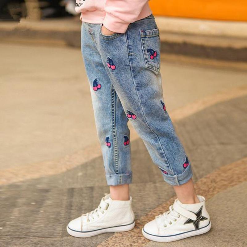 Girls Cherry Printed Denim Pants