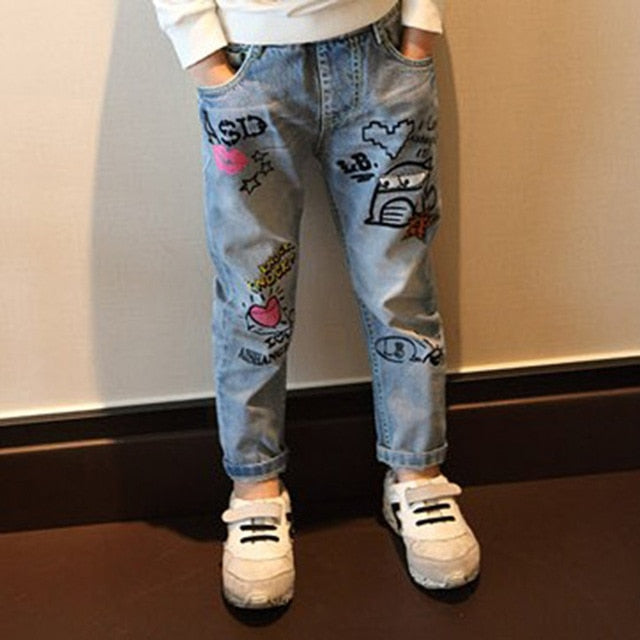 Girls Cherry Printed Denim Pants